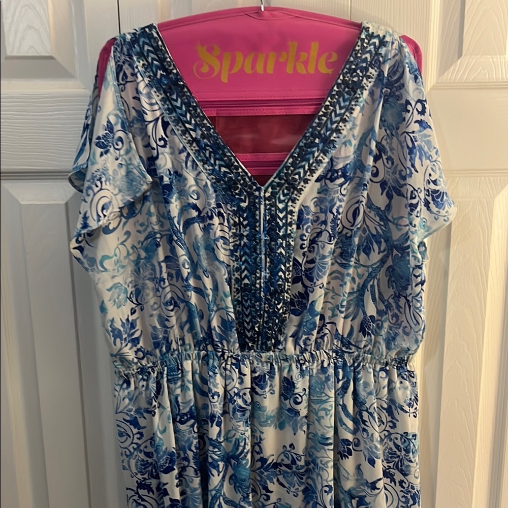 Blue and White Ruffled Midi Sundress with V-Neck